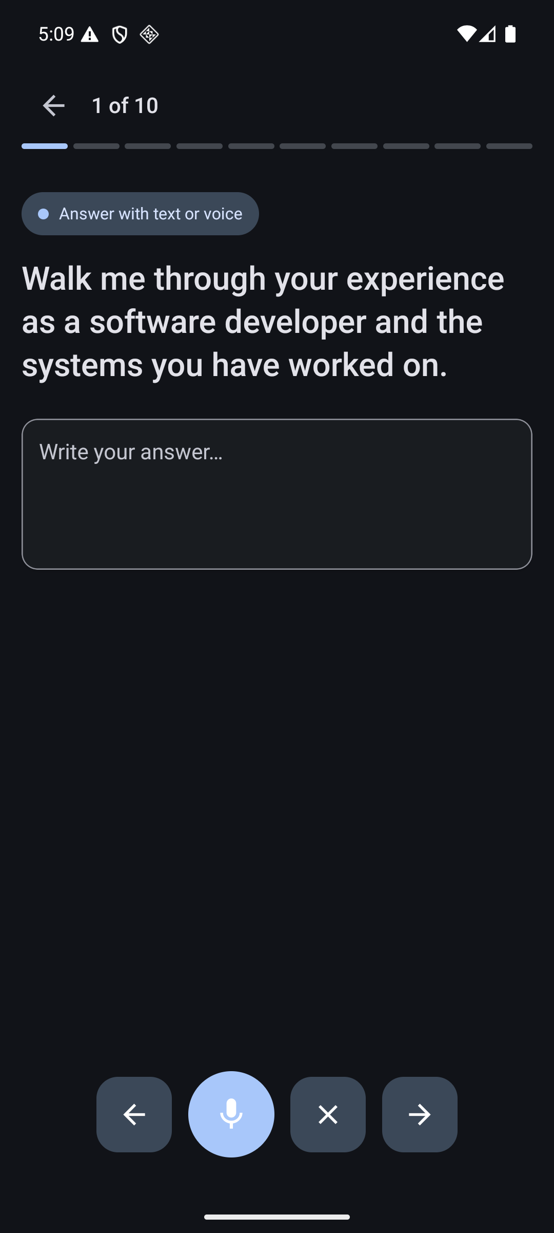 Maya interview screen with a question, answer field, and microphone button